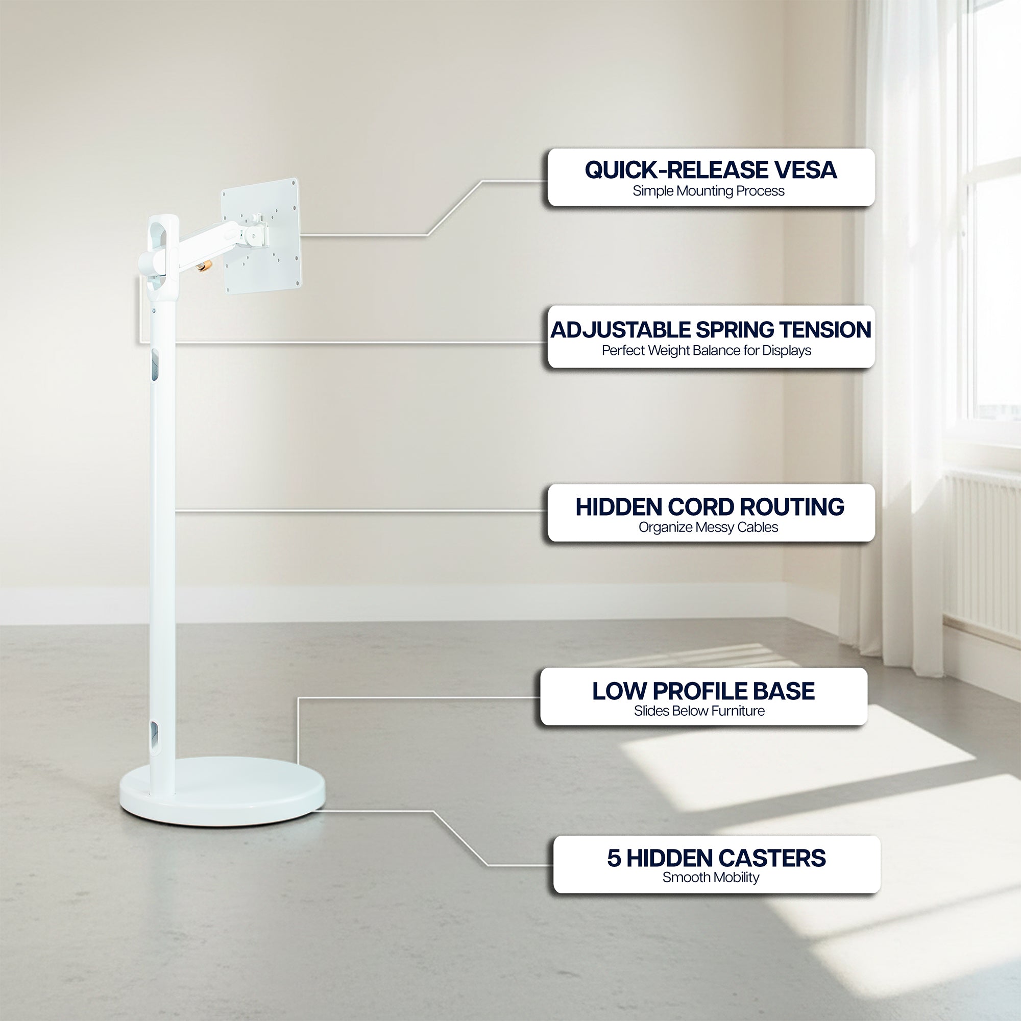White mobile TV and monitor cart with adjustable mechanical arm for 17-inch to 43-inch screens