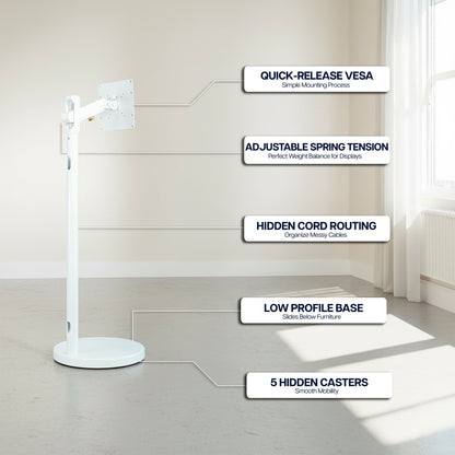 White mobile TV and monitor cart with adjustable mechanical arm for 17-inch to 43-inch screens