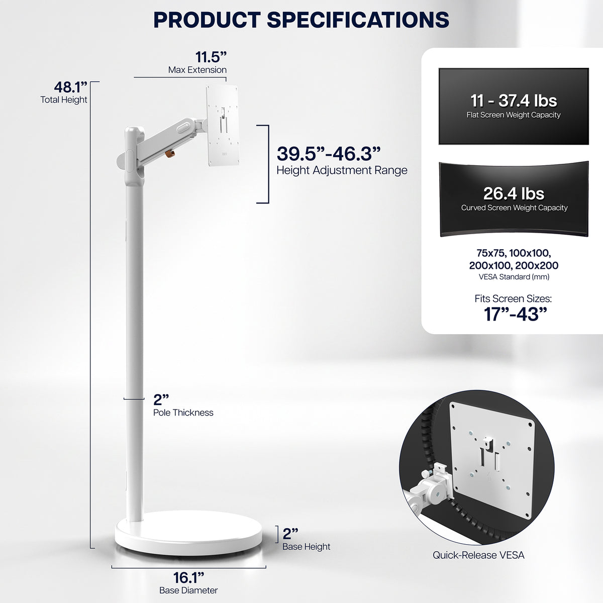 Product specifications diagram for a white adjustable monitor stand with dimensions labeled, including total height 48.1 inches, base diameter 16.