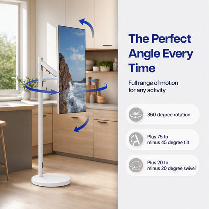 A freestanding TV stand in a modern kitchen setting, displaying a coastal scene on its screen. Blue arrows illustrate the product's full range of motion for rotation and tilt.