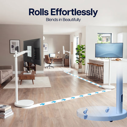 White rolling TV and monitor cart with smooth casters for effortless movement between rooms
