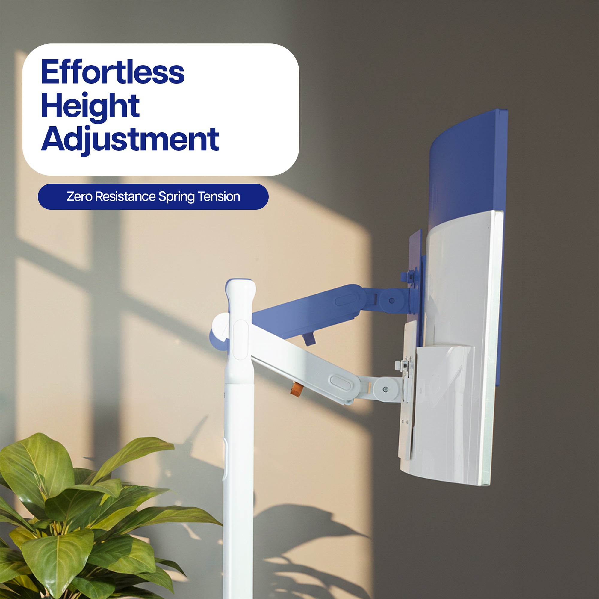 Adjustable monitor stand with a white pole and blue-and-white arm, shown in a styled interior setting with text overlay reading 'Effortless Height Adjustment' and 'Zero Resistance Spring Tension.'.