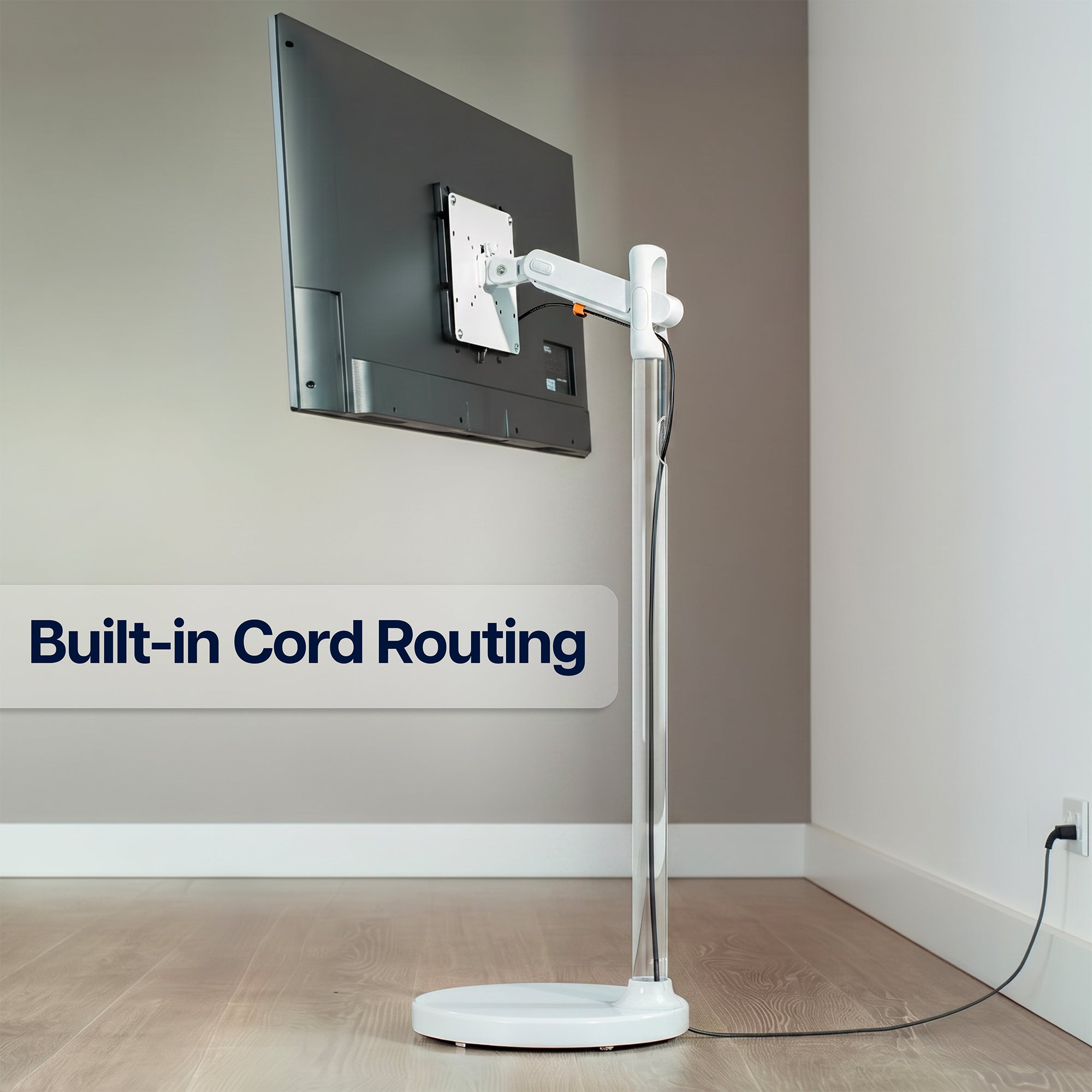 White mobile monitor cart with built-in cord routing for a clean, organized rolling workstation