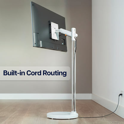 White mobile monitor cart with built-in cord routing for a clean, organized rolling workstation