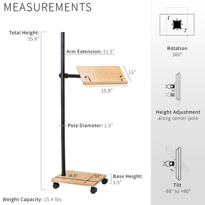 Mobile bamboo book stand with height adjustment and articulation.