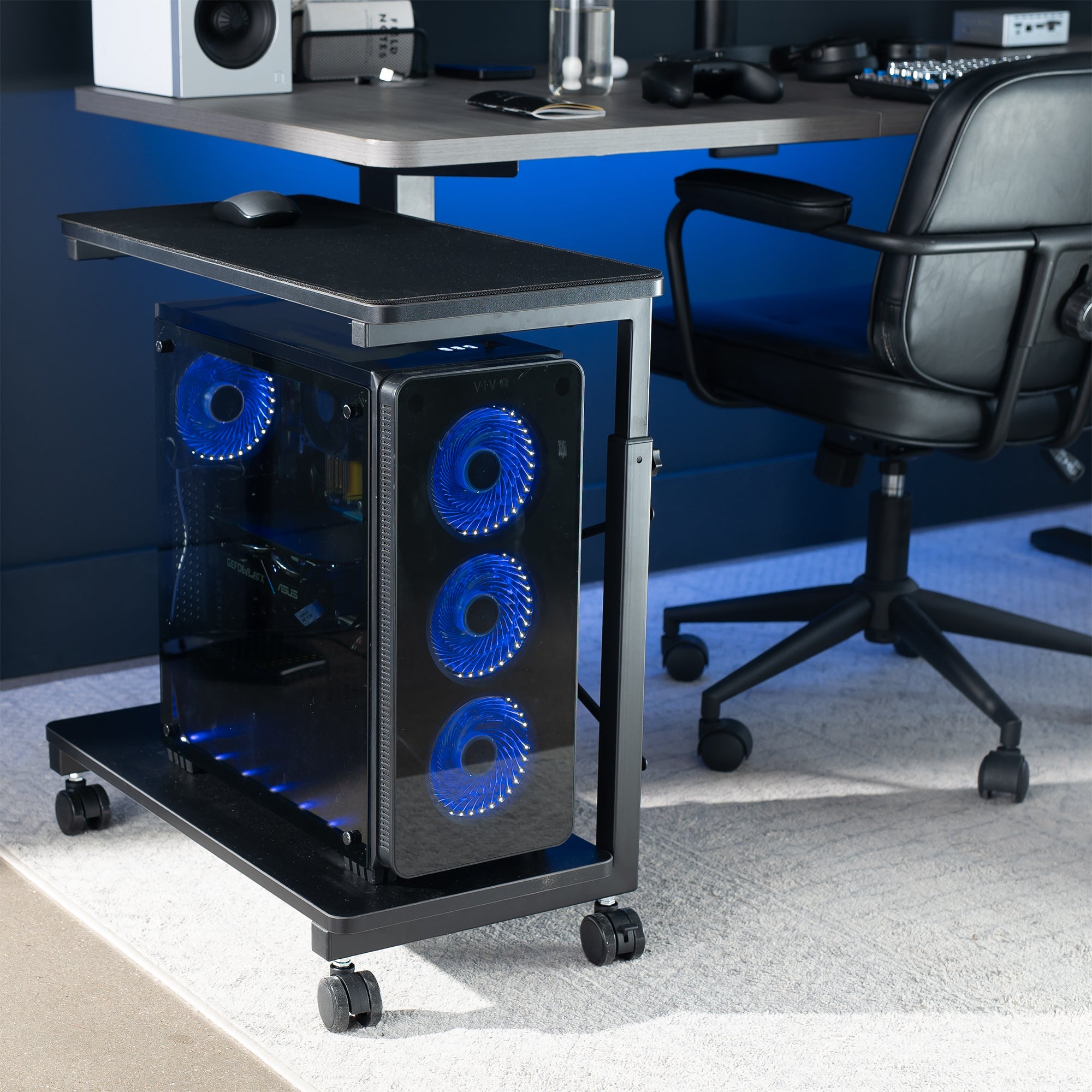 Mobile adjustable PC cart with storage in an office.