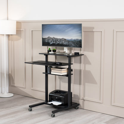 A height adjustable mobile stand-up desk that is perfect for use at the office, home, showroom, and classroom, and provides ample room for typing, writing, and storing. 