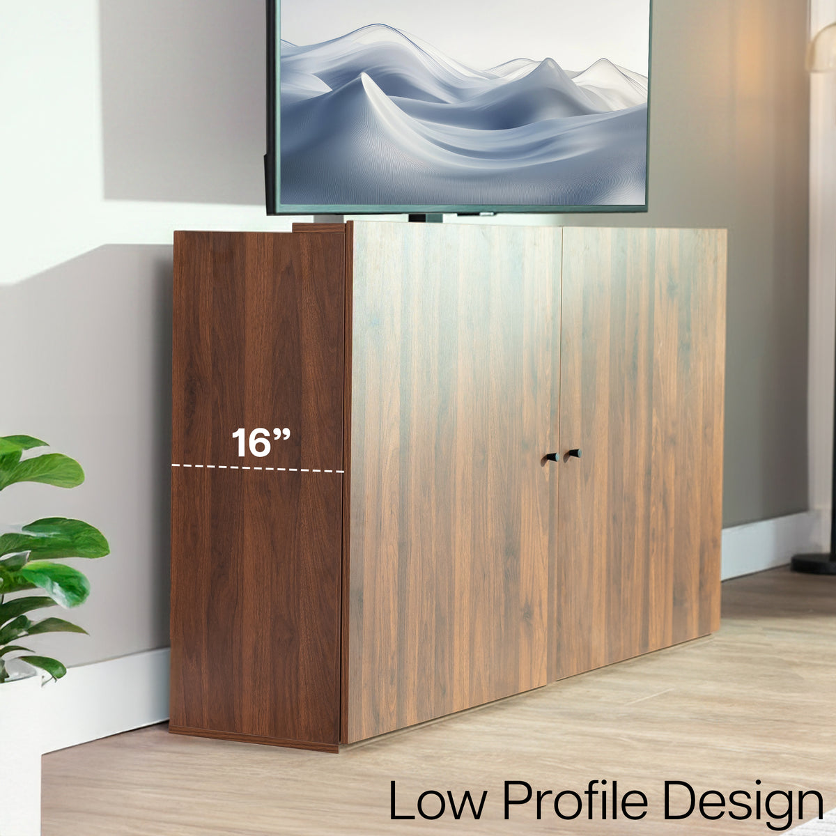 A low-profile TV stand or media console with a wood grain finish, shown in a styled room setting with a TV on top. The left side panel is highlighted with a '16"' measurement overlay and the text 'Low Profile Design' at the bottom right.
