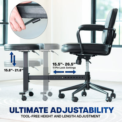 Office chair with footrest height and length adjustment features on a blurred office space background