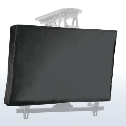 A black TV cover fitted over a ceiling mount TV with a visible mounting mechanism.