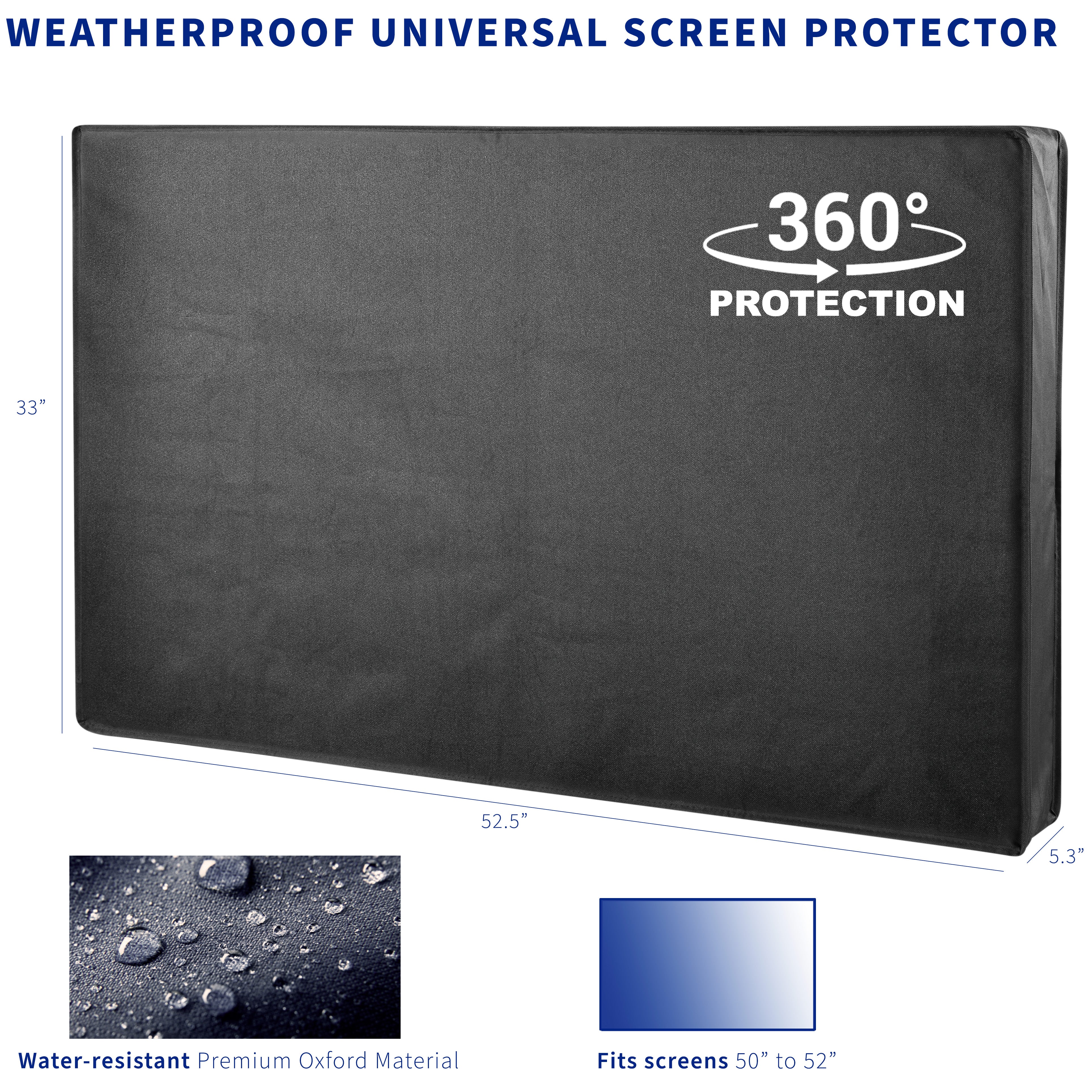A black TV cover fitted over a ceiling mount TV with water resistant feature highlighted. 