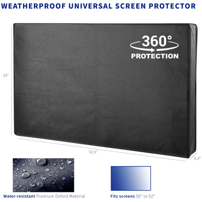 A black TV cover fitted over a ceiling mount TV with water resistant feature highlighted. 