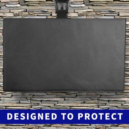A black TV cover fitted over a ceiling mount TV with a visible mounting mechanism.