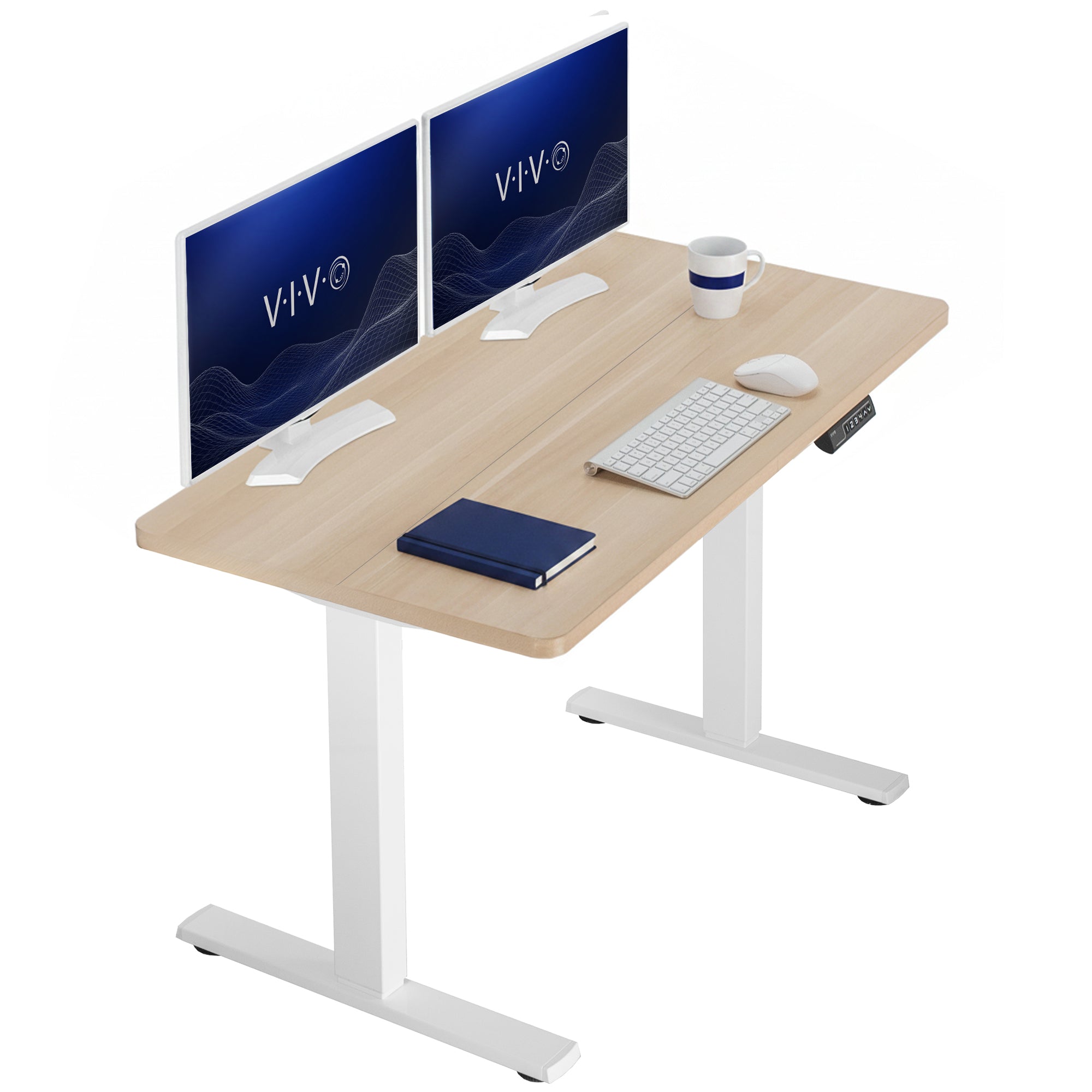 Light wood desk top with white frame with two computer monitors, keyboard, and mouse on a white background