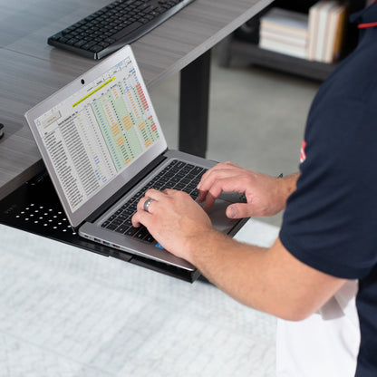 Under desk adjustable laptop tray lets you have comfortable typing angles as you work.