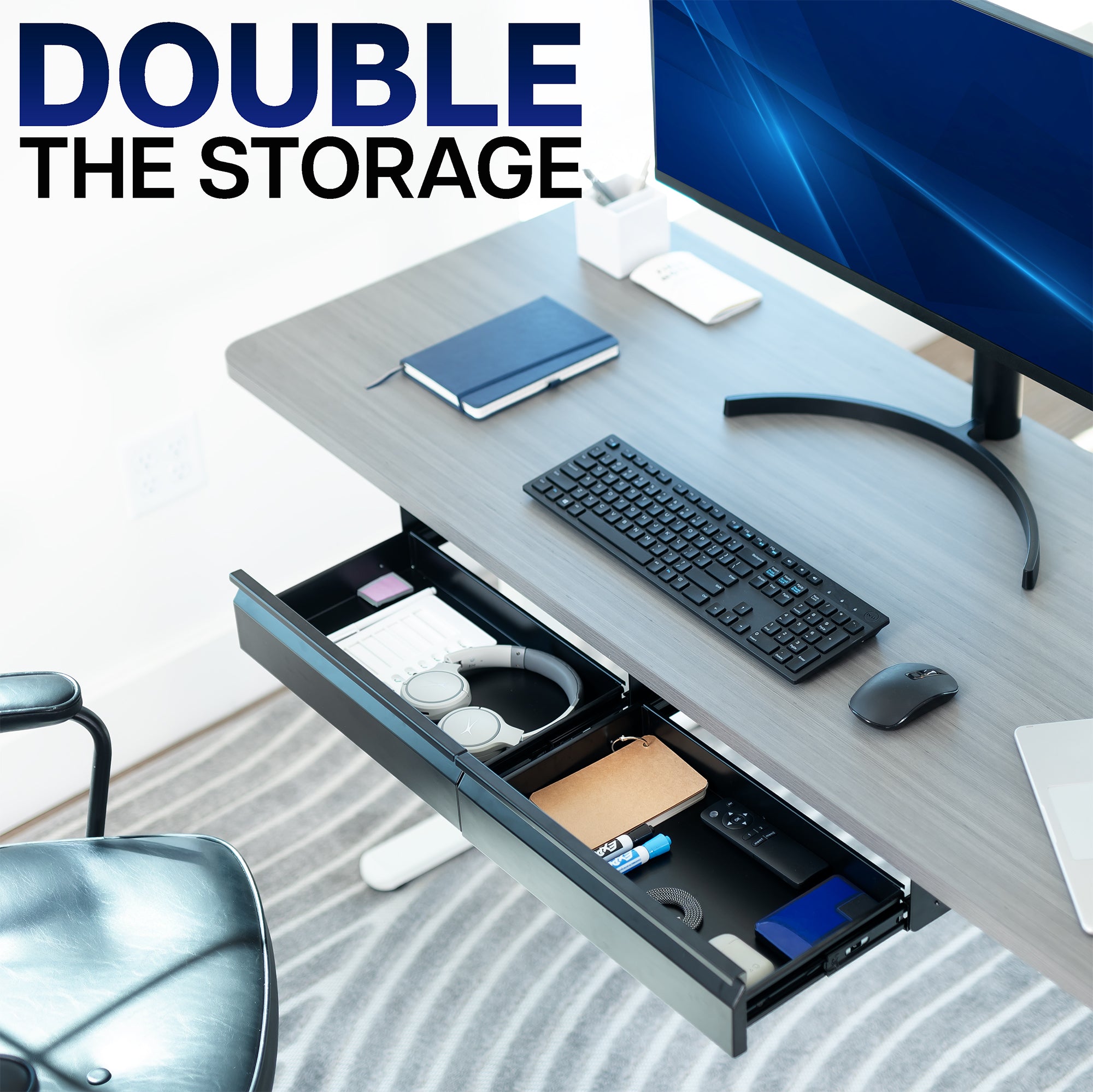 Desk with a drawer open, showing storage compartments, and text on a white background.