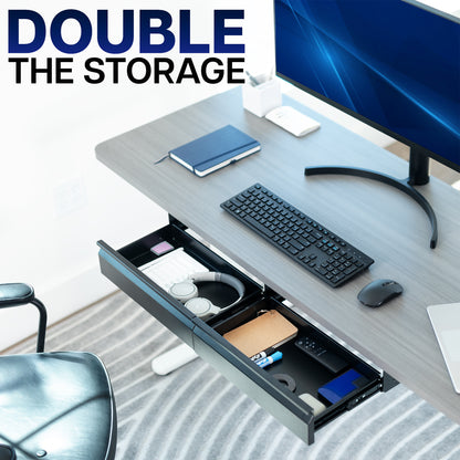 Desk with a drawer open, showing storage compartments, and text on a white background.