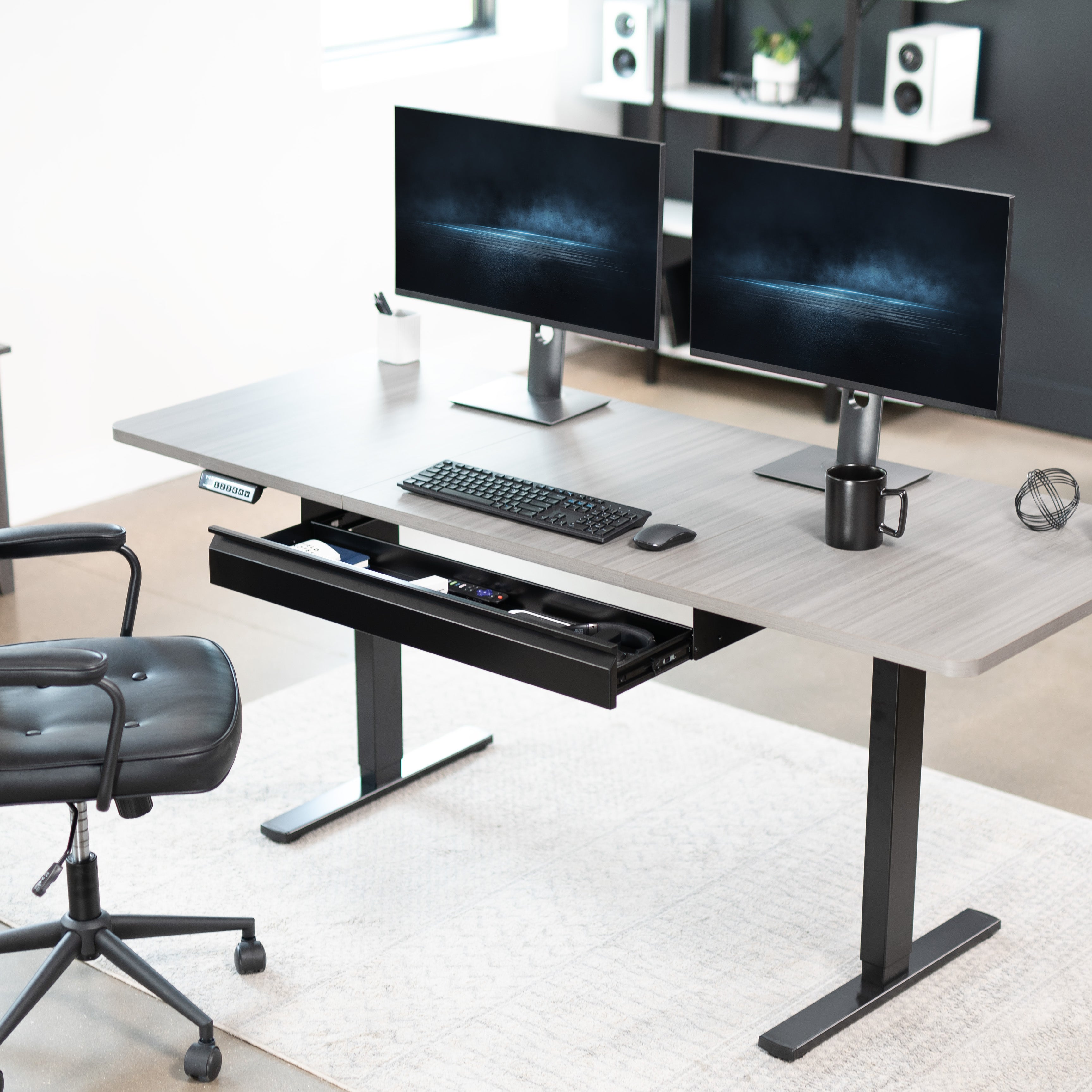 Extra Long Under Desk Drawer provides a storage option for both standing and fixed height desks, creating a clean, non-cluttered workspace.