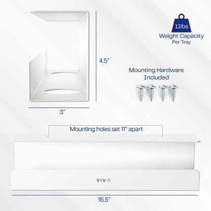 Cable management tray dimensions and features on a white background