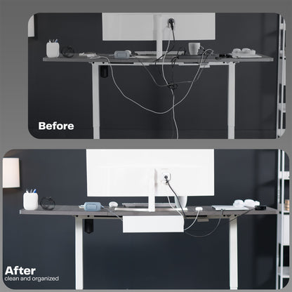 Before and after comparison of a desk setup with organized cables.