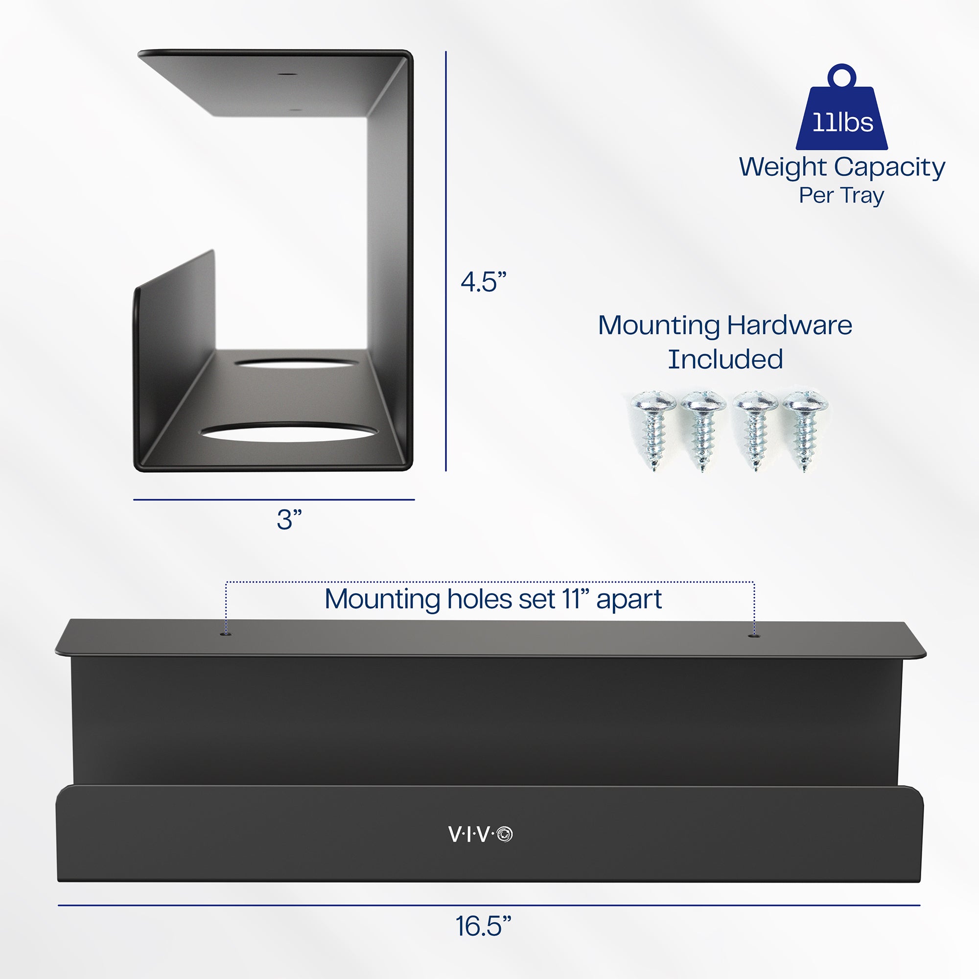 Black cable management trays with dimensions and hardware information on a white background