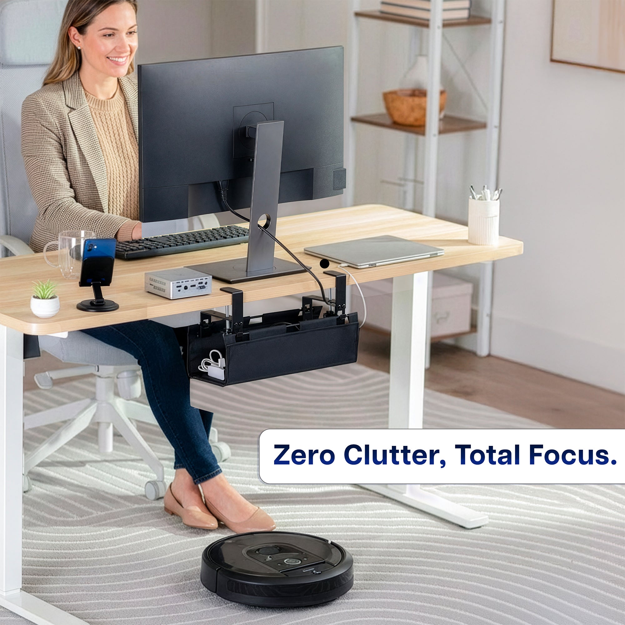 Clean clutter and cord chaos with the cable management tray