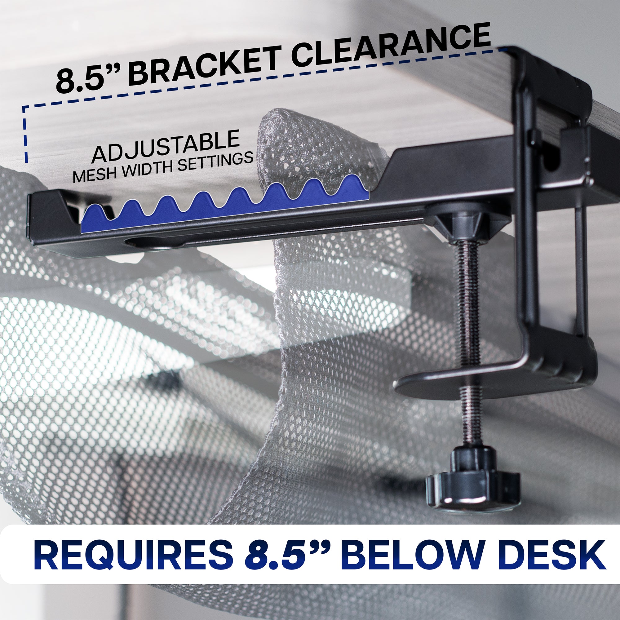 Under desk, clamp-on cable management net with adjustable width and clearance requirement label