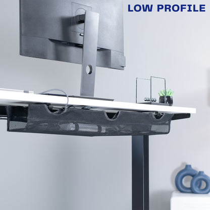 A black mesh cable management system with a low profile design. 