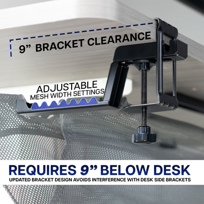 Adjustable mesh width setting with bracket clearance and desk clearance text