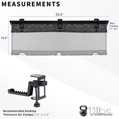 Measurement chart for a Clamp-on Under Desk Mesh Cable Management System with dimensions and weight information.