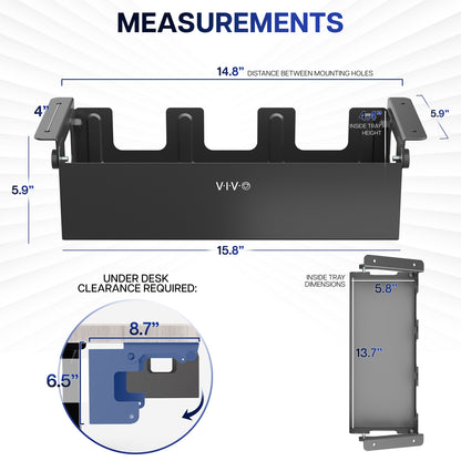 Measurement chart for a Flip Open Under Desk Cable Management Box with dimensions labeled.