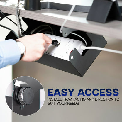 Cable management box that can be installed facing either direction to fit your needs to provide easy access. 