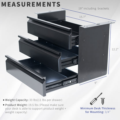 Pull Out 16" 3 Level Under Desk Drawer