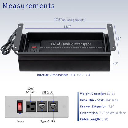 Durable versatile pullout under desk organizer drawer for extra storage with built-in power strip.