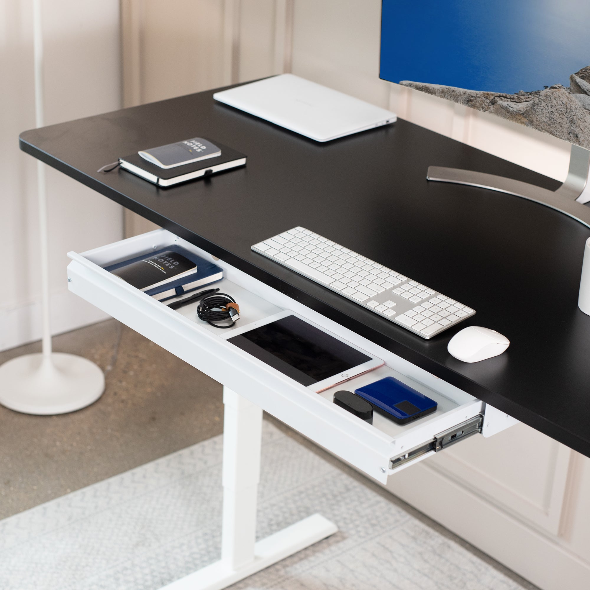 Extra-long under-desk slim tray drawer.