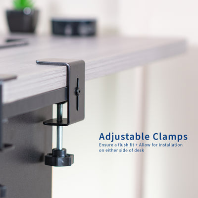 Clamp-on corner desk storage system with two pull-out drawers and open top shelf surface.