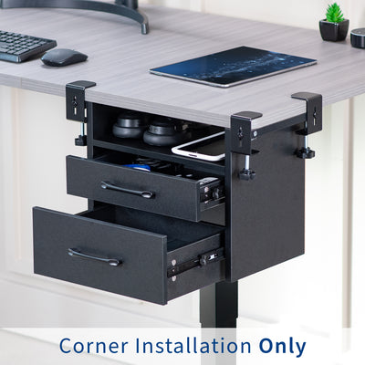 Clamp-on corner desk storage system with two pull-out drawers and open top shelf surface.