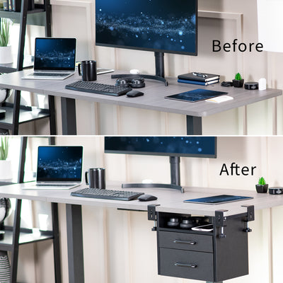 Clamp-on corner desk storage system with two pull-out drawers and open top shelf surface.