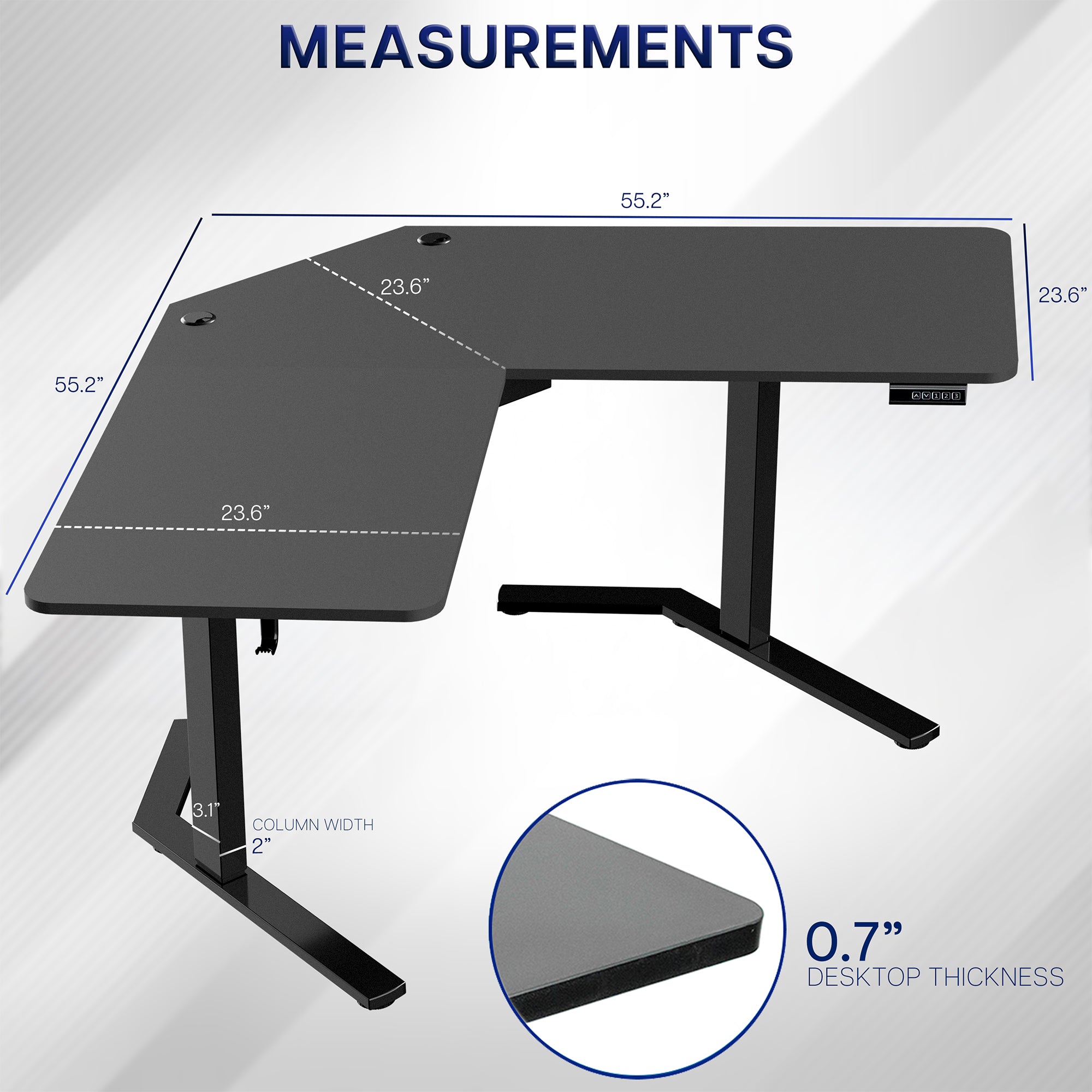 L-shaped desk with measurements on a white background