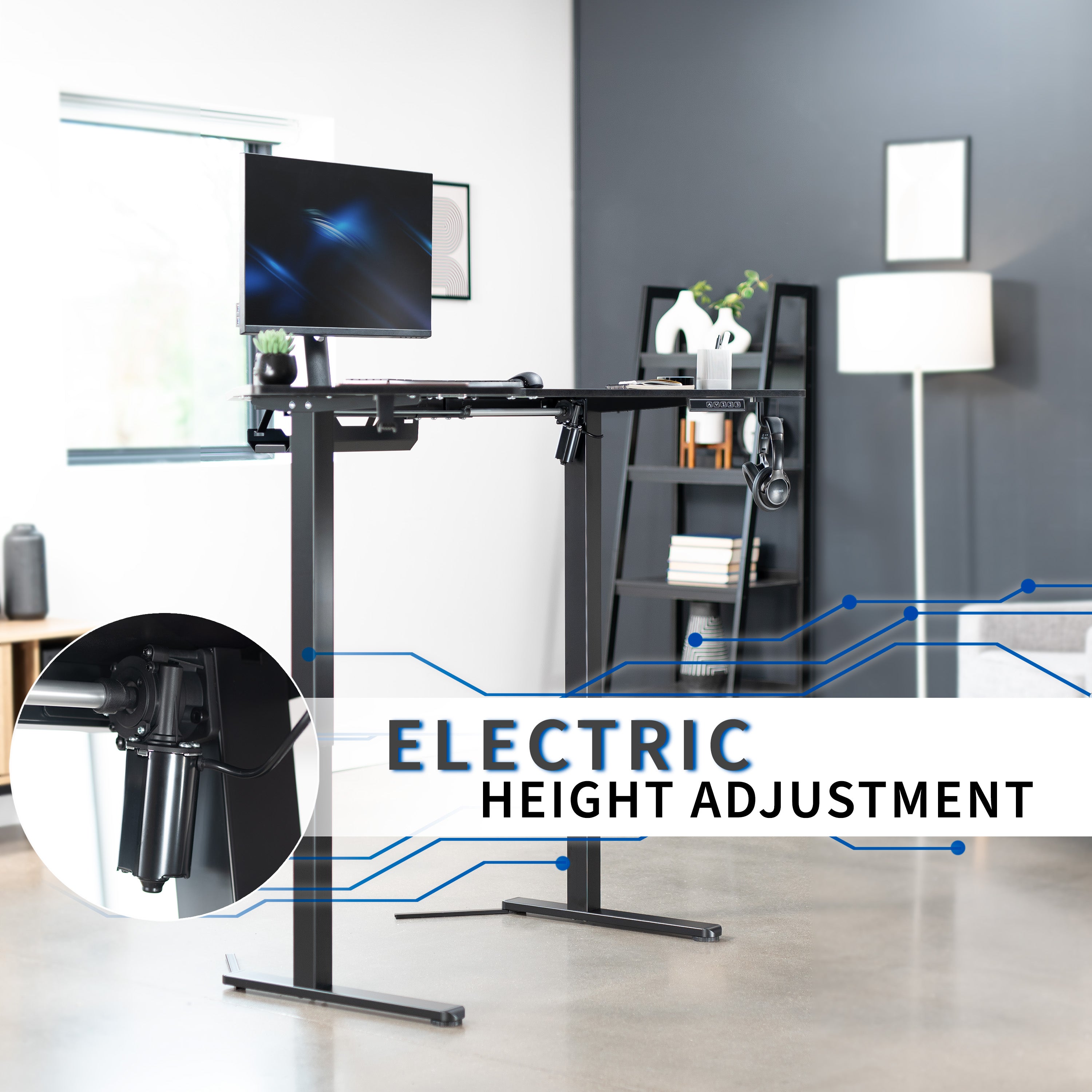 Heavy-duty electric height adjustable corner desk workstation for active sit or stand efficient workspace.