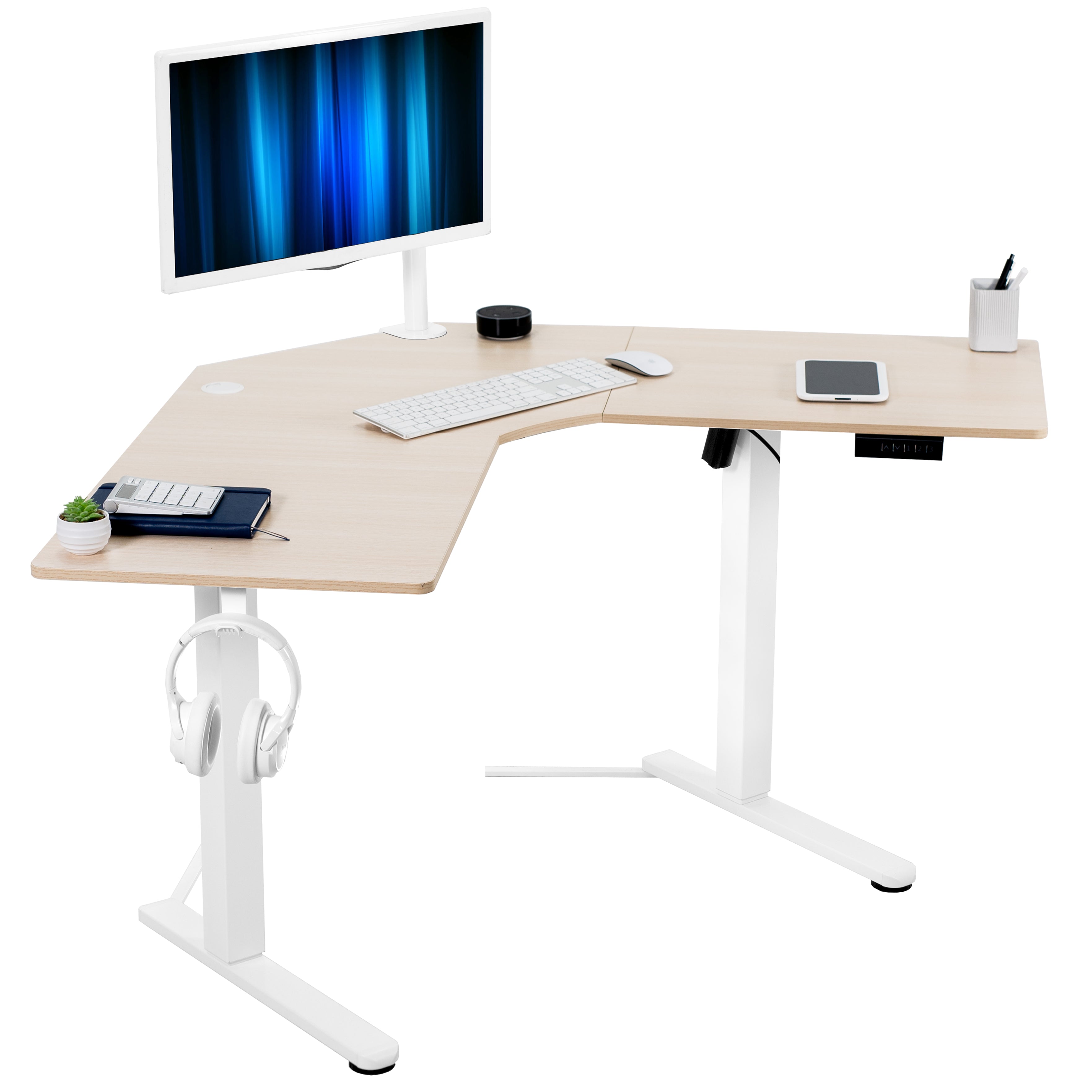 Heavy-duty electric height adjustable corner desk workstation for active sit or stand efficient workspace.