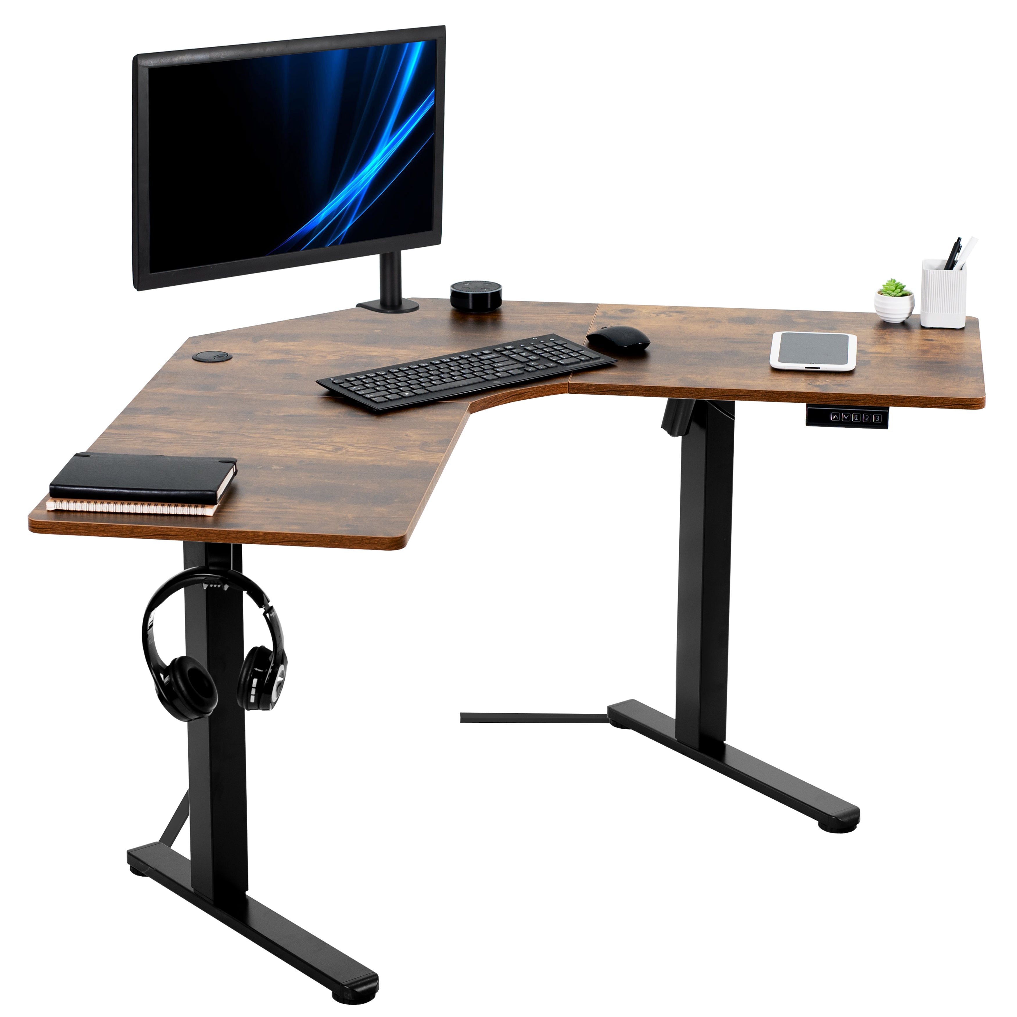 Heavy-duty electric height adjustable corner desk workstation for active sit or stand efficient workspace.