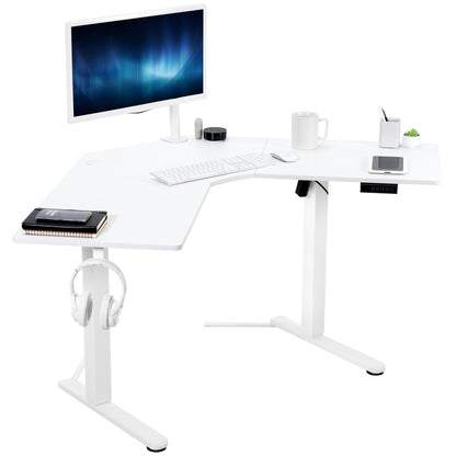 Heavy-duty electric height adjustable corner desk workstation for active sit or stand efficient workspace.