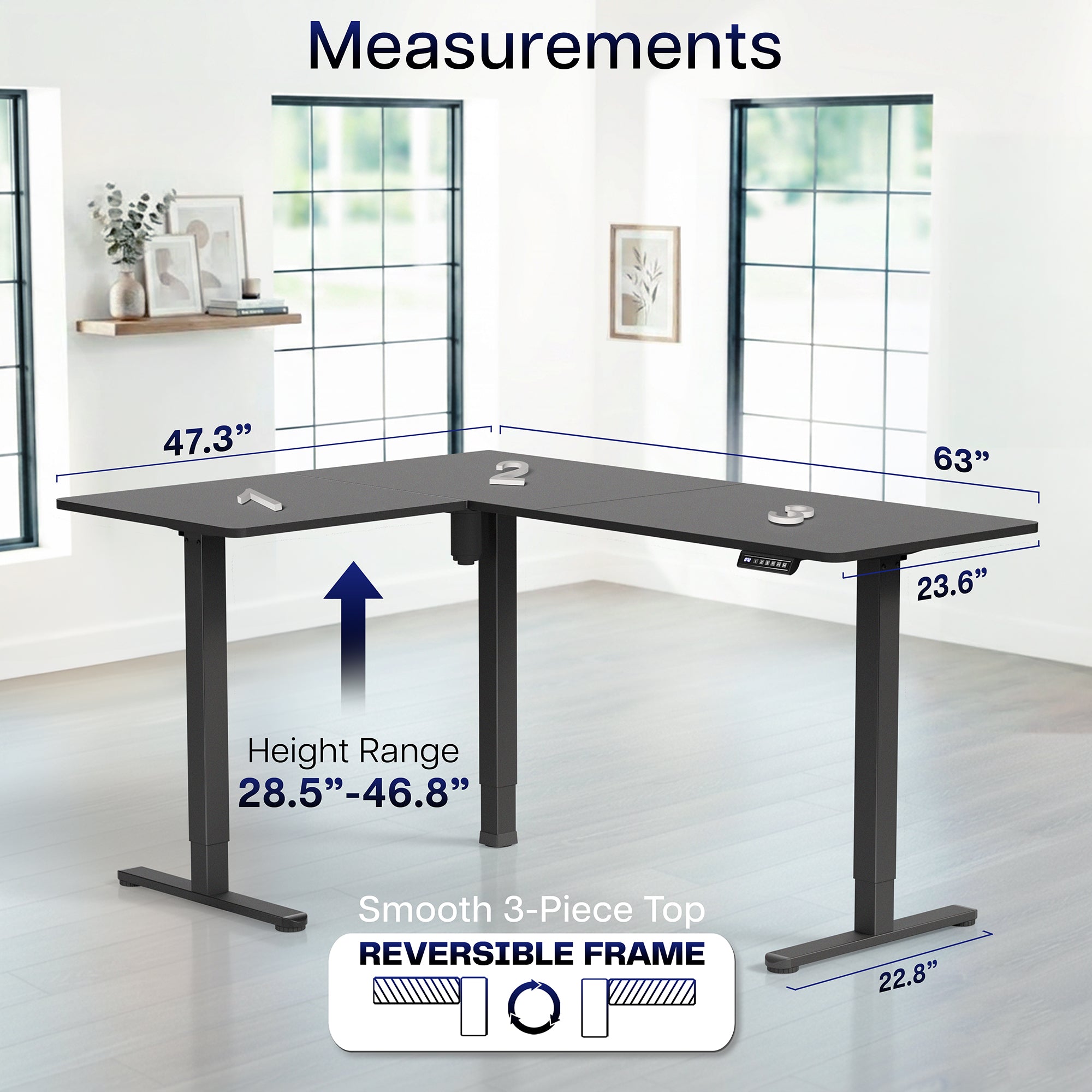 L-shaped desk with measurements indicated in a room with large windows.