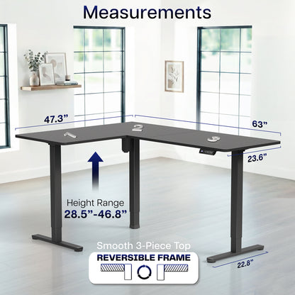 L-shaped desk with measurements indicated in a room with large windows.
