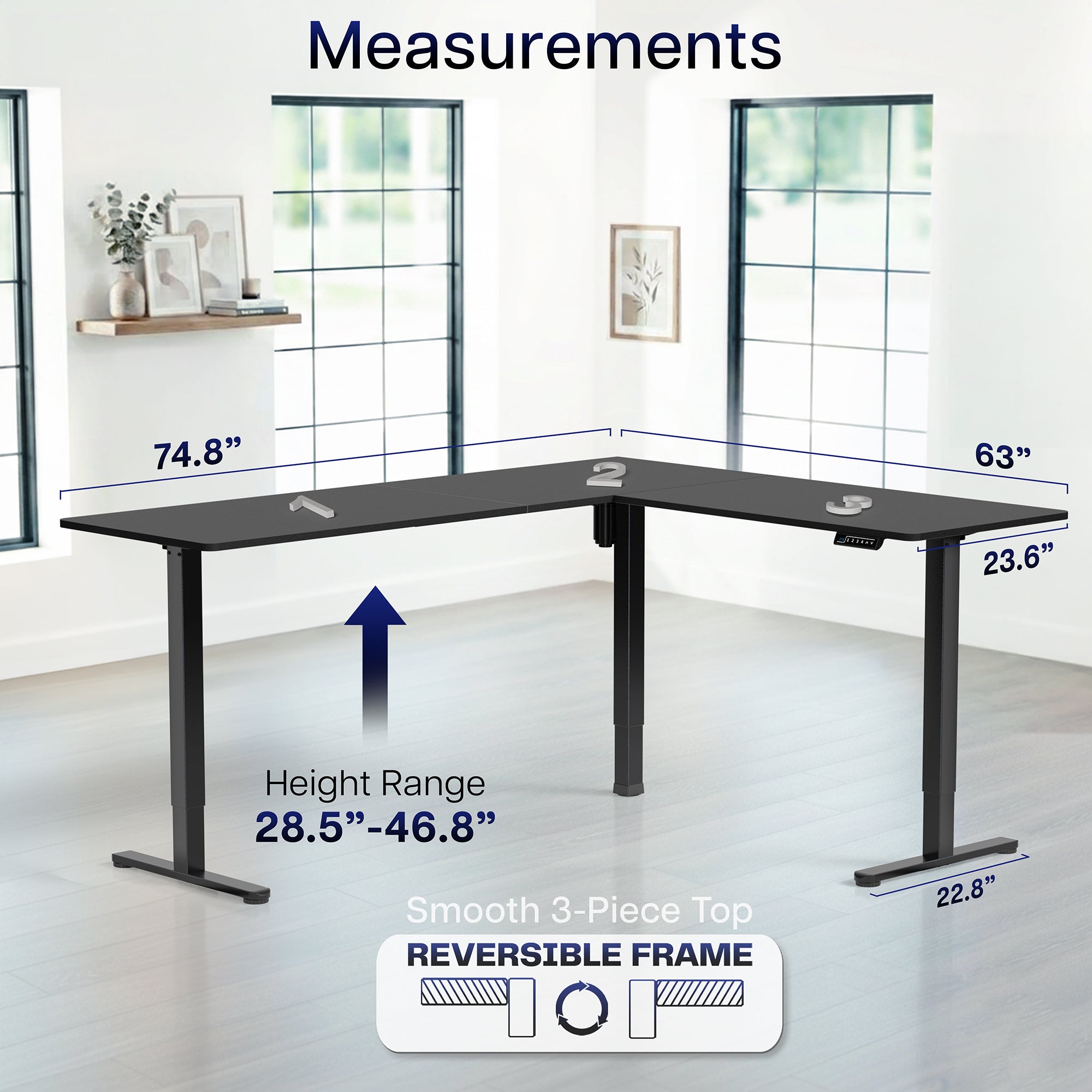 L-shaped desk with measurements indicated on a bright background scene
