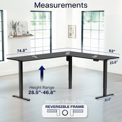 L-shaped desk with measurements indicated on a bright background scene