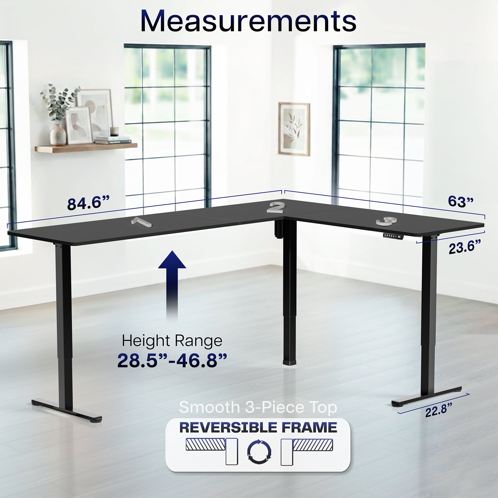 L-shaped desk with measurements labeled in a room with large windows.