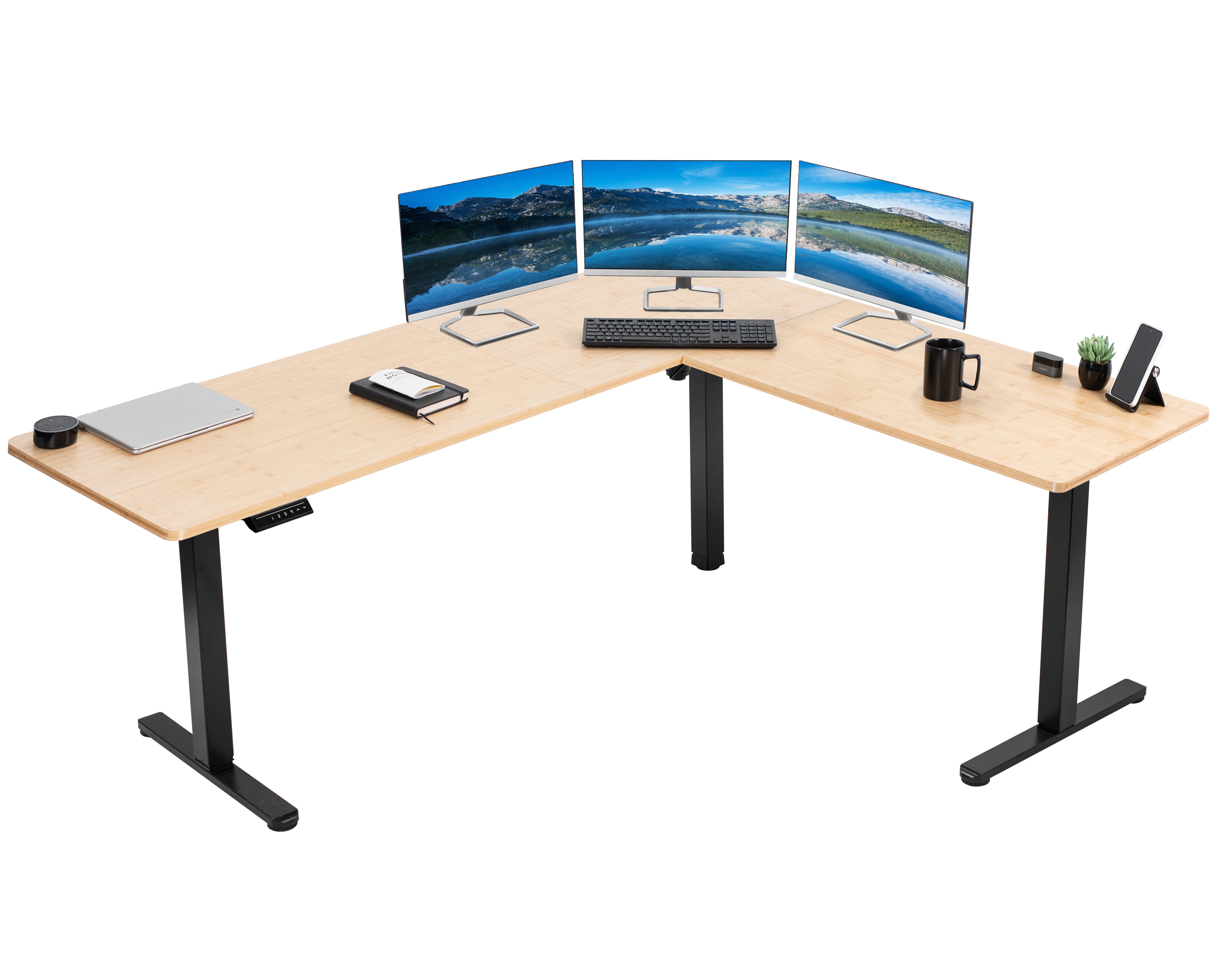 Electric heavy-duty real bamboo corner desk workstation for modern office workspaces. 