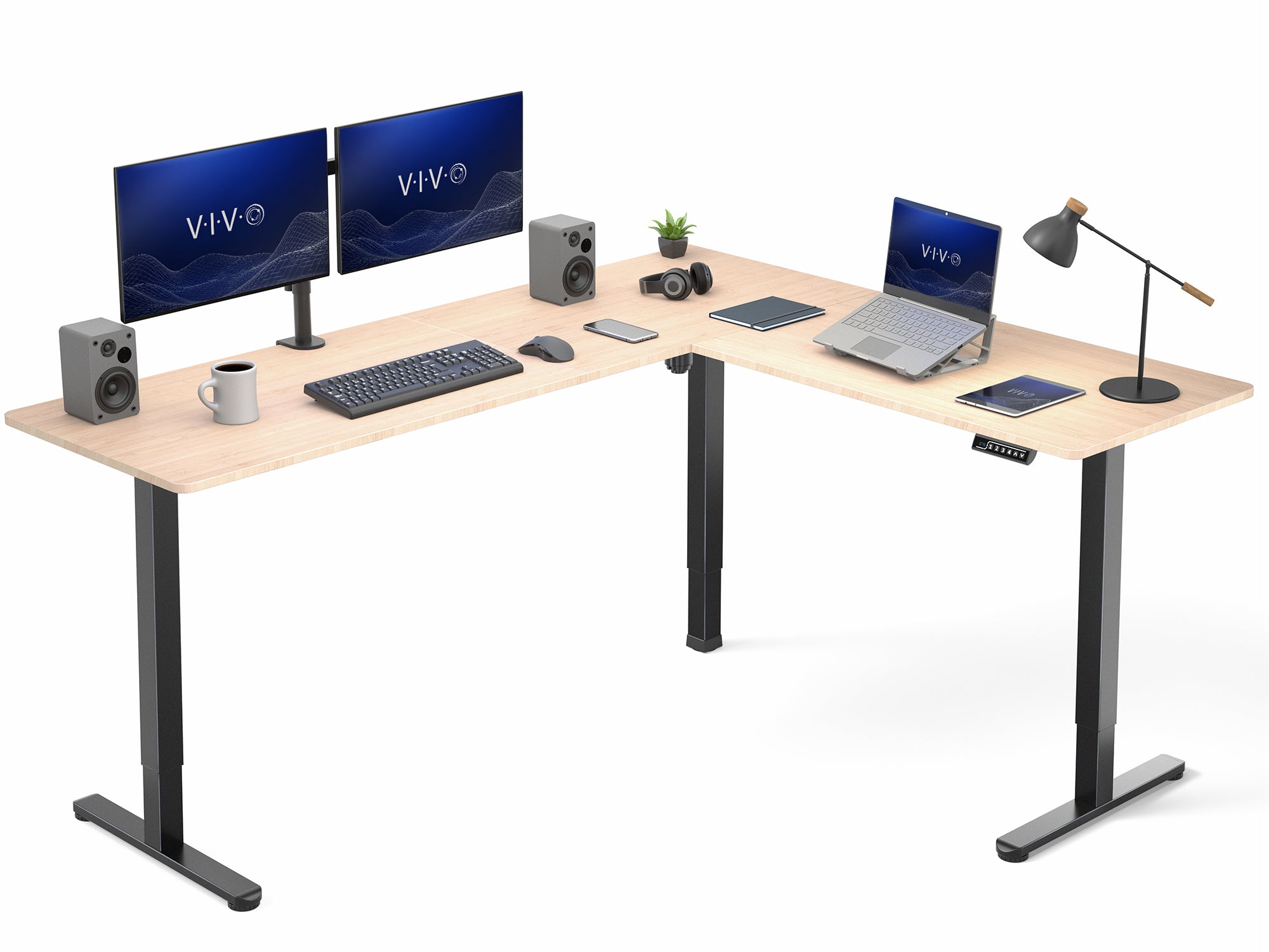 L-shaped computer desk with dual monitors, laptop, and office accessories on a white background